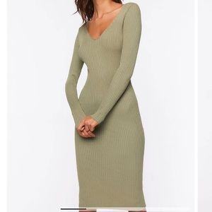 Fashion Nova Ribbed Long Sleeve Knit Sweater Dress - dark green